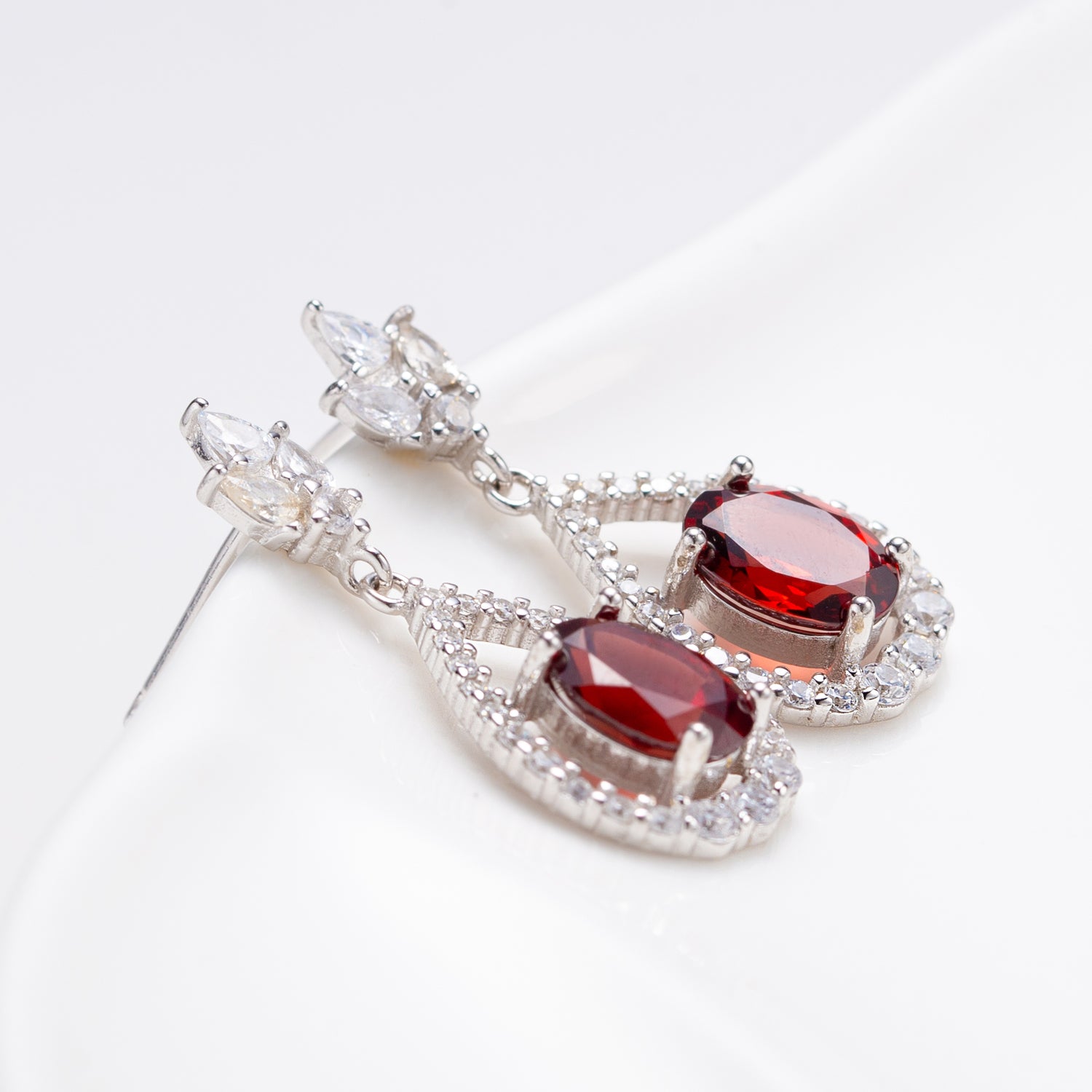 Natural Oval Shape Garnet Sterling Silver Teardrop Earrings