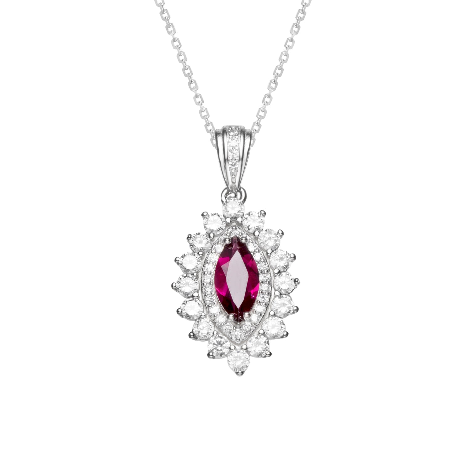 Marquise Rhodolite Garnet Sterling Silver Halo Pendant Necklace