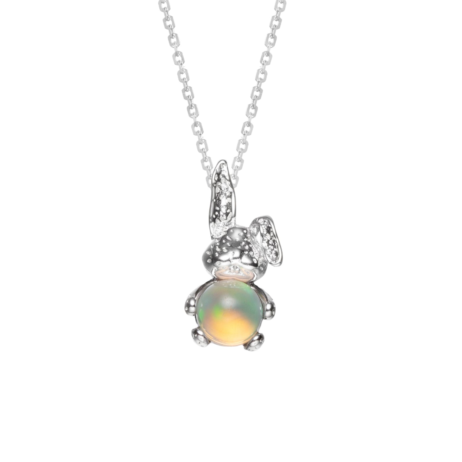 Cute Opal Bunny Sterling Silver Pendant Necklace