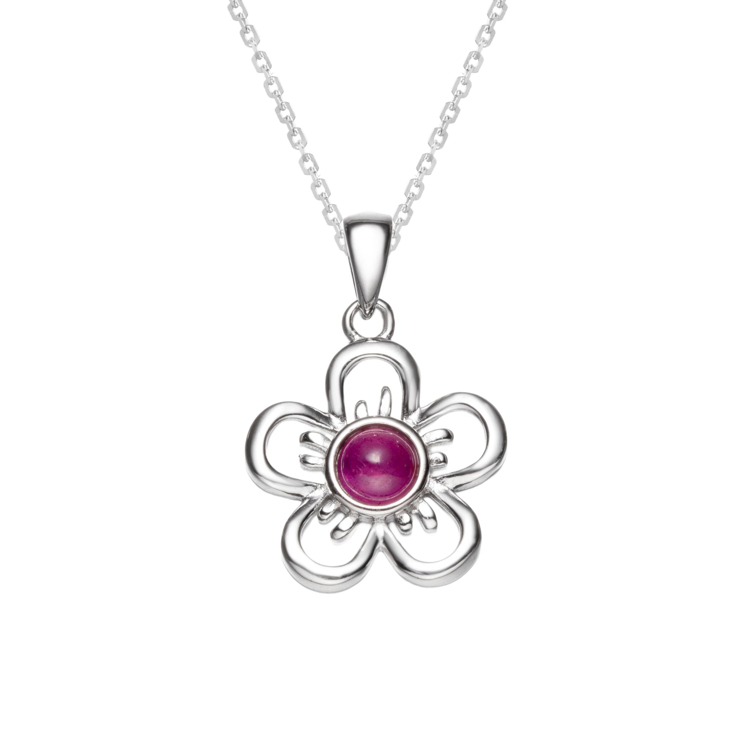 Ruby Flower Sterling Silver Pendant Necklace