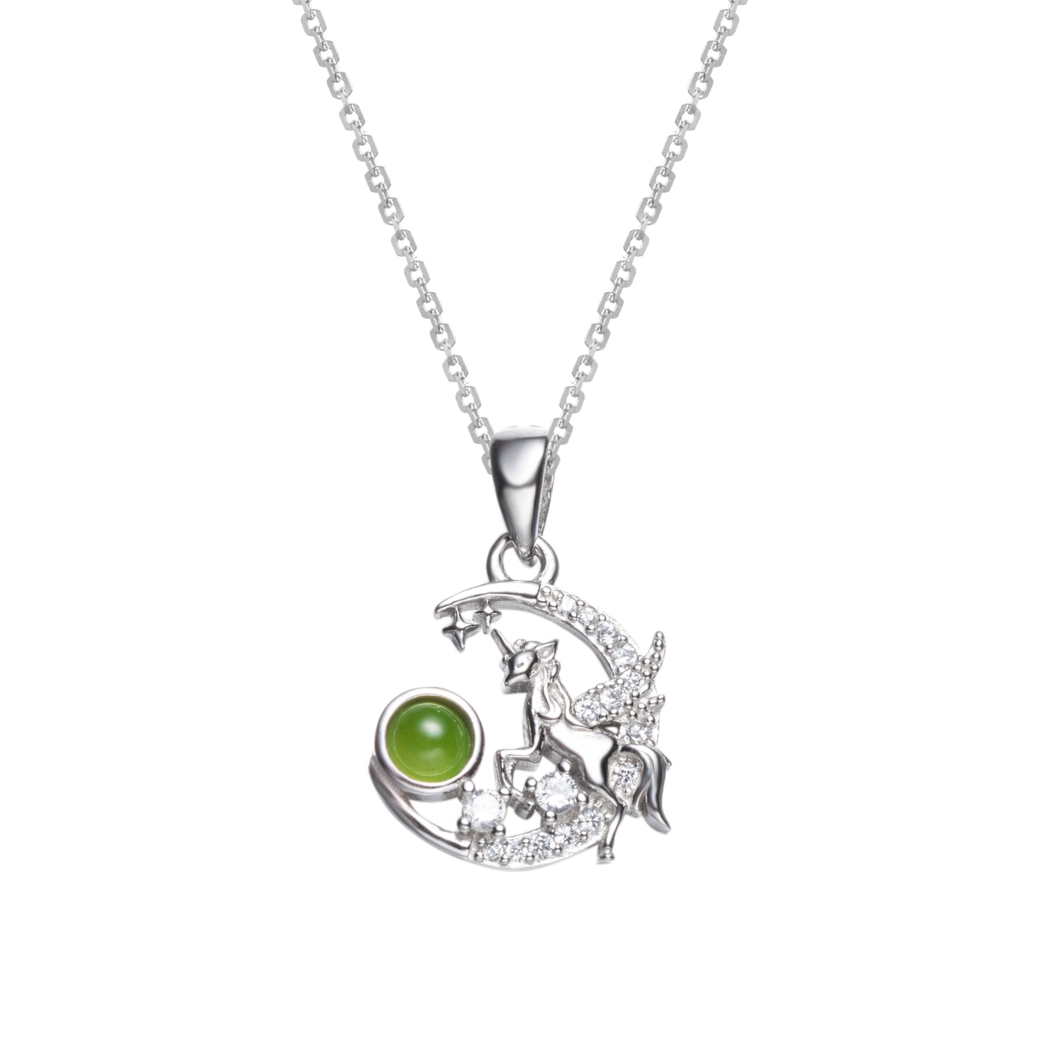 Green Chalcedony Unicorn Crescent Moon Pendant Necklace