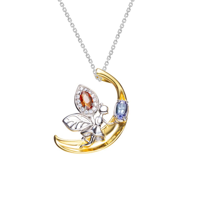 Fancy Sapphire Fairy Crescent Moon 925 Silver Pendant Necklace
