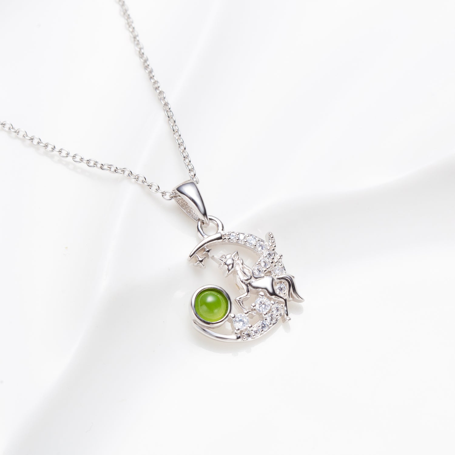 Green Chalcedony Unicorn Crescent Moon Pendant Necklace