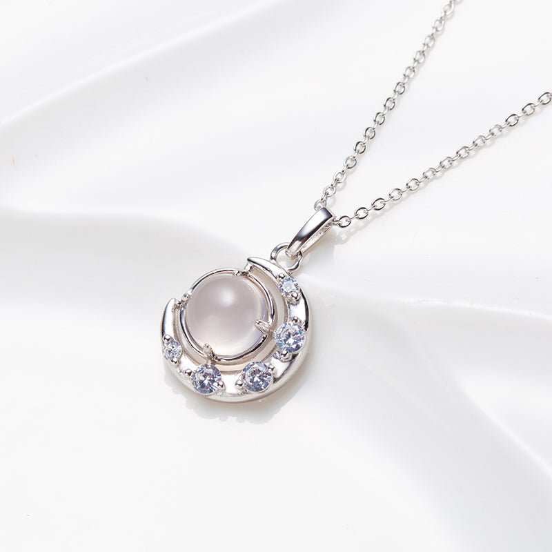 Rose Quartz Crescent Moon Sterling Silver Pendant Necklace