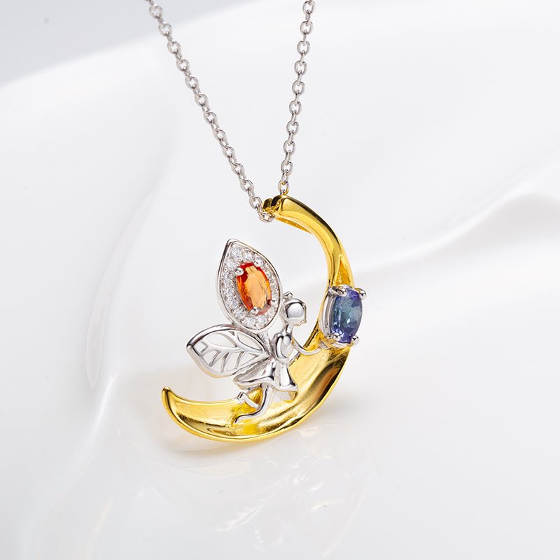 Fancy Sapphire Fairy Crescent Moon 925 Silver Pendant Necklace