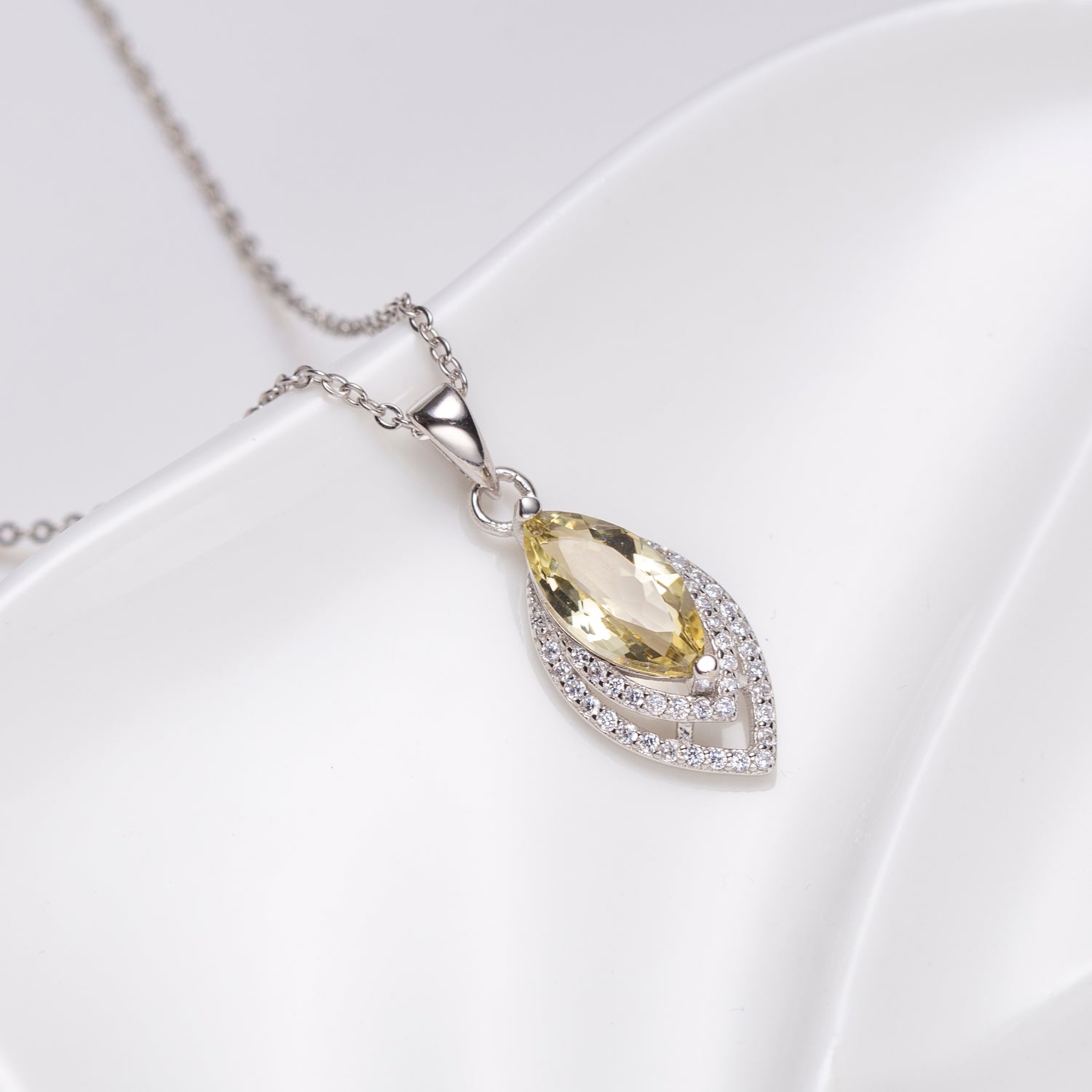 Marquise Lemon Quartz Sterling Silver 18 Inch Pendant Necklace