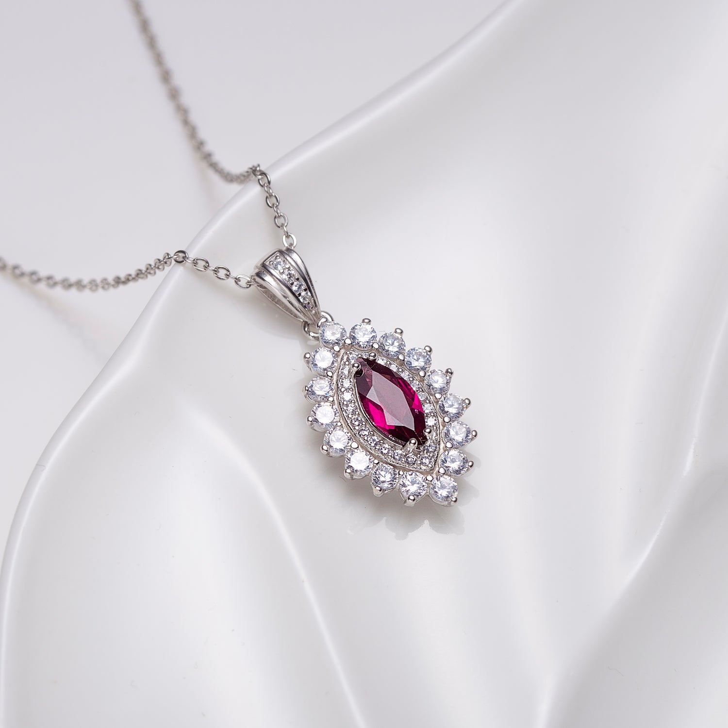 Marquise Rhodolite Garnet Sterling Silver Halo Pendant Necklace