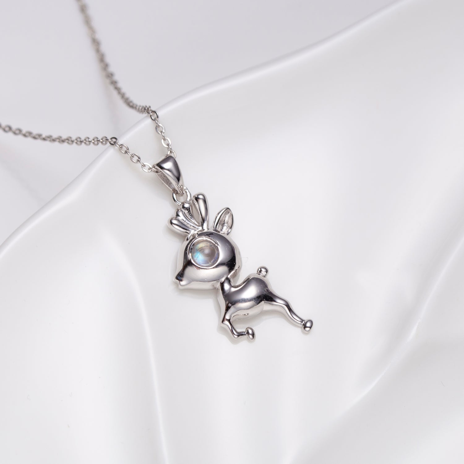 Moonstone Fawn Deer Sterling Silver Pendant Necklace