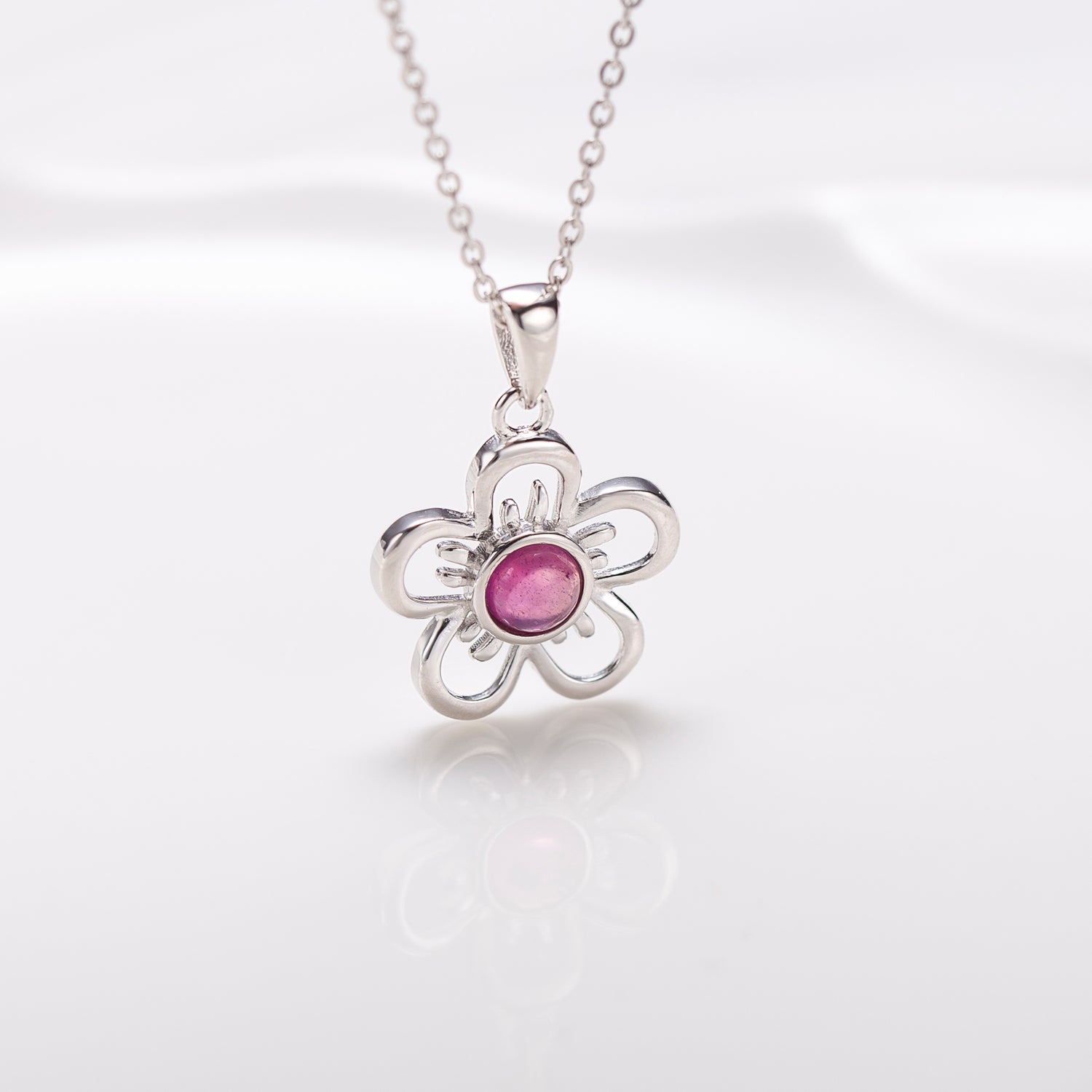 Ruby Flower Sterling Silver Pendant Necklace
