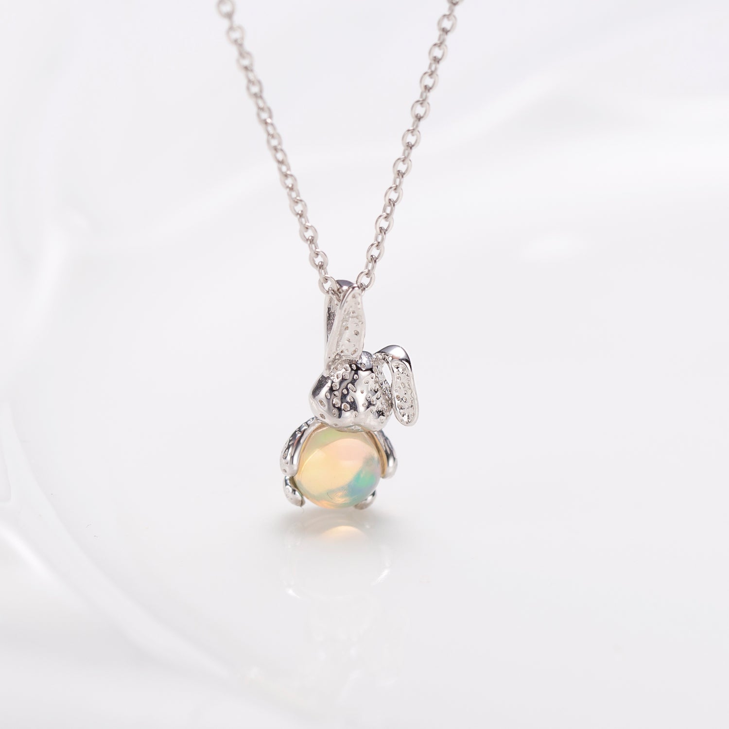 Cute Opal Bunny Sterling Silver Pendant Necklace