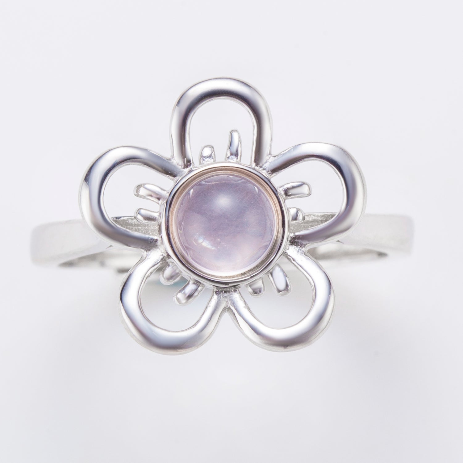 Natural Cabochon Round Shape Rose Quartz Flower Ring