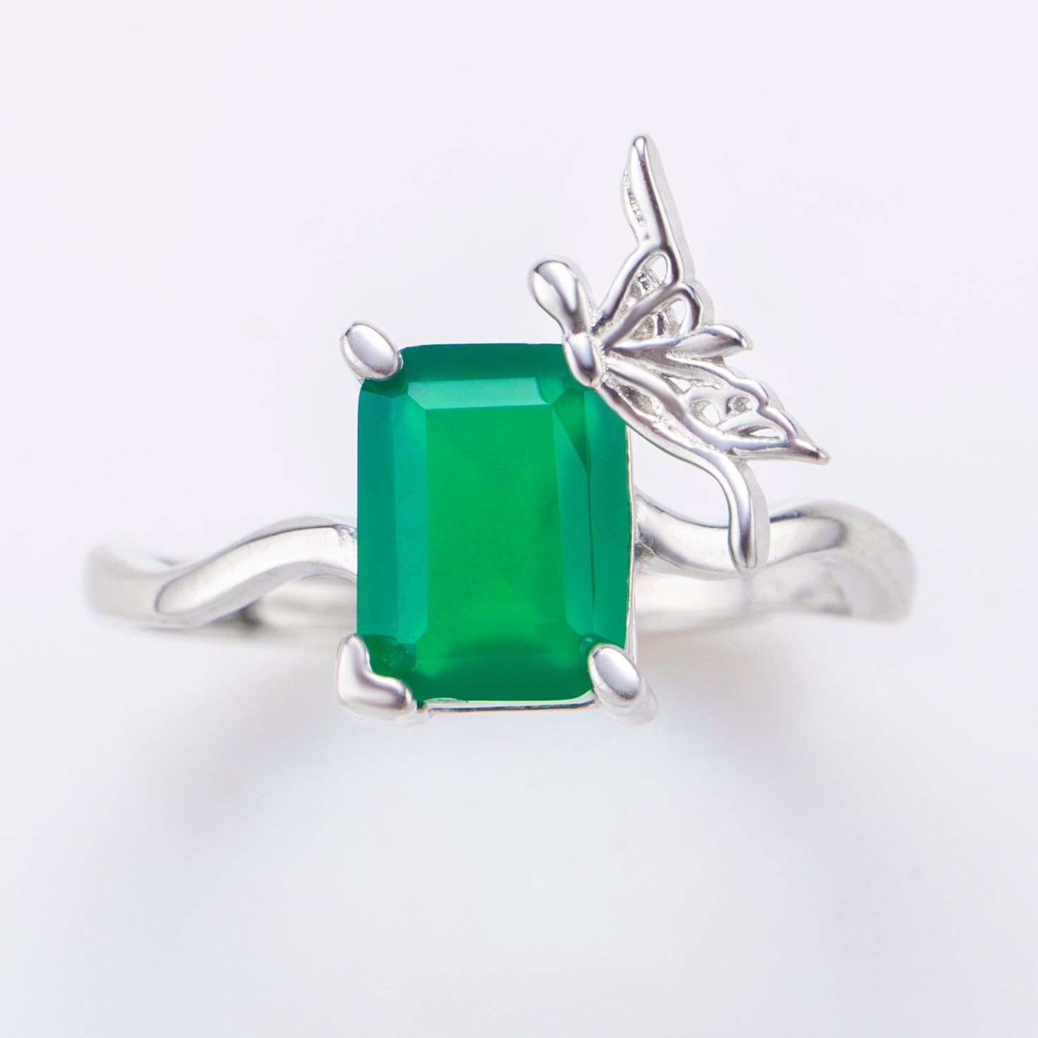 Natural Octagon Shape Green Chalcedony Butterfly Ring
