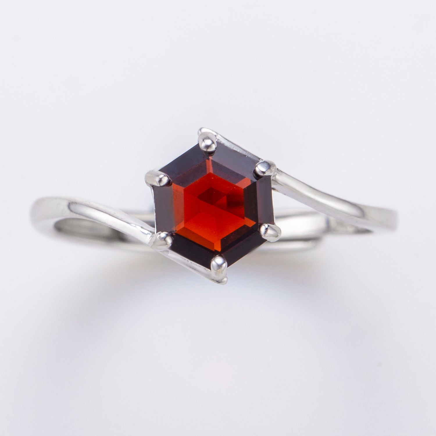 Natural Hexagon Shape Garnet Sterling Silver Ring