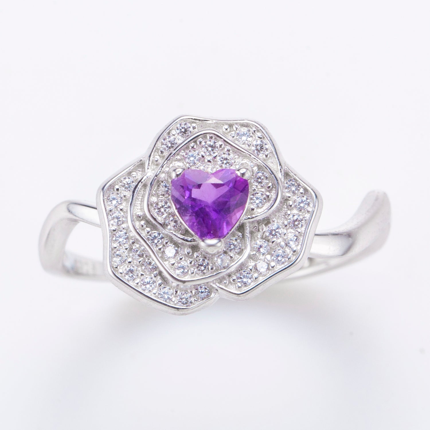Natural Heart Amethyst Sterling Silver Rose Ring