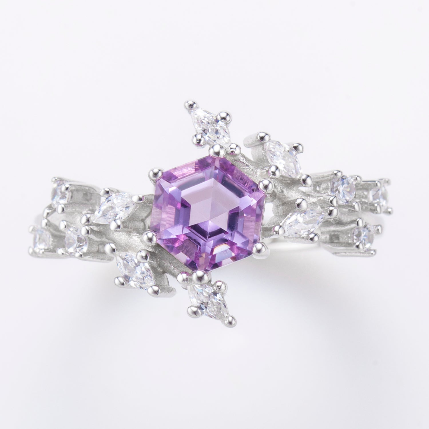 Natural Hexagon Amethyst Sterling Silver Ring