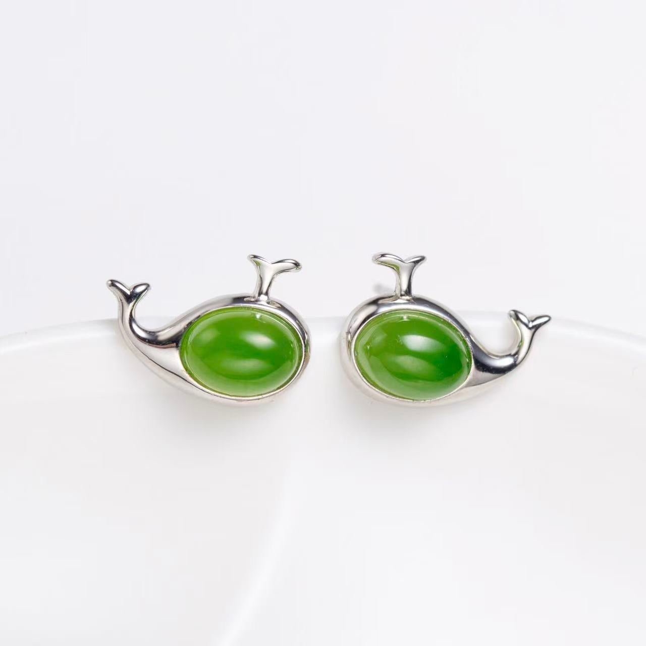 Natural Cabochon Oval Jade Sterling Silver Whale Earrings