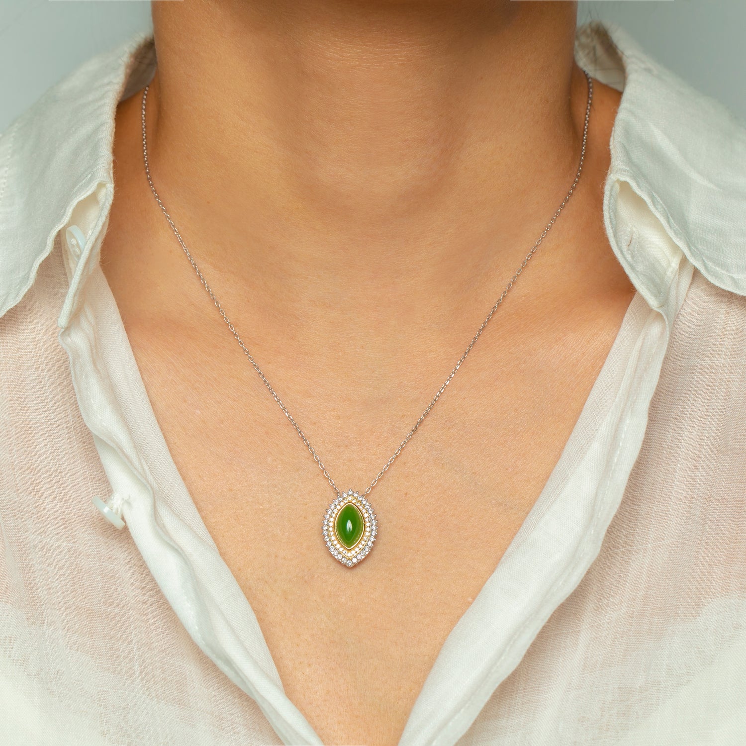 Natural Jade Cabochon Marquise Cut Necklace