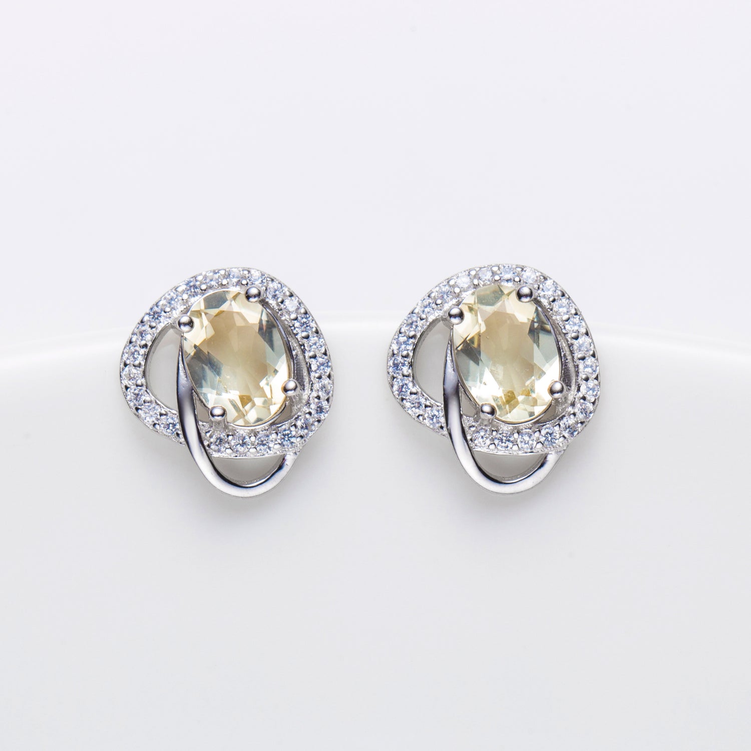 Natural Oval Lemon Quartz Sterling Silver Stud Earrings