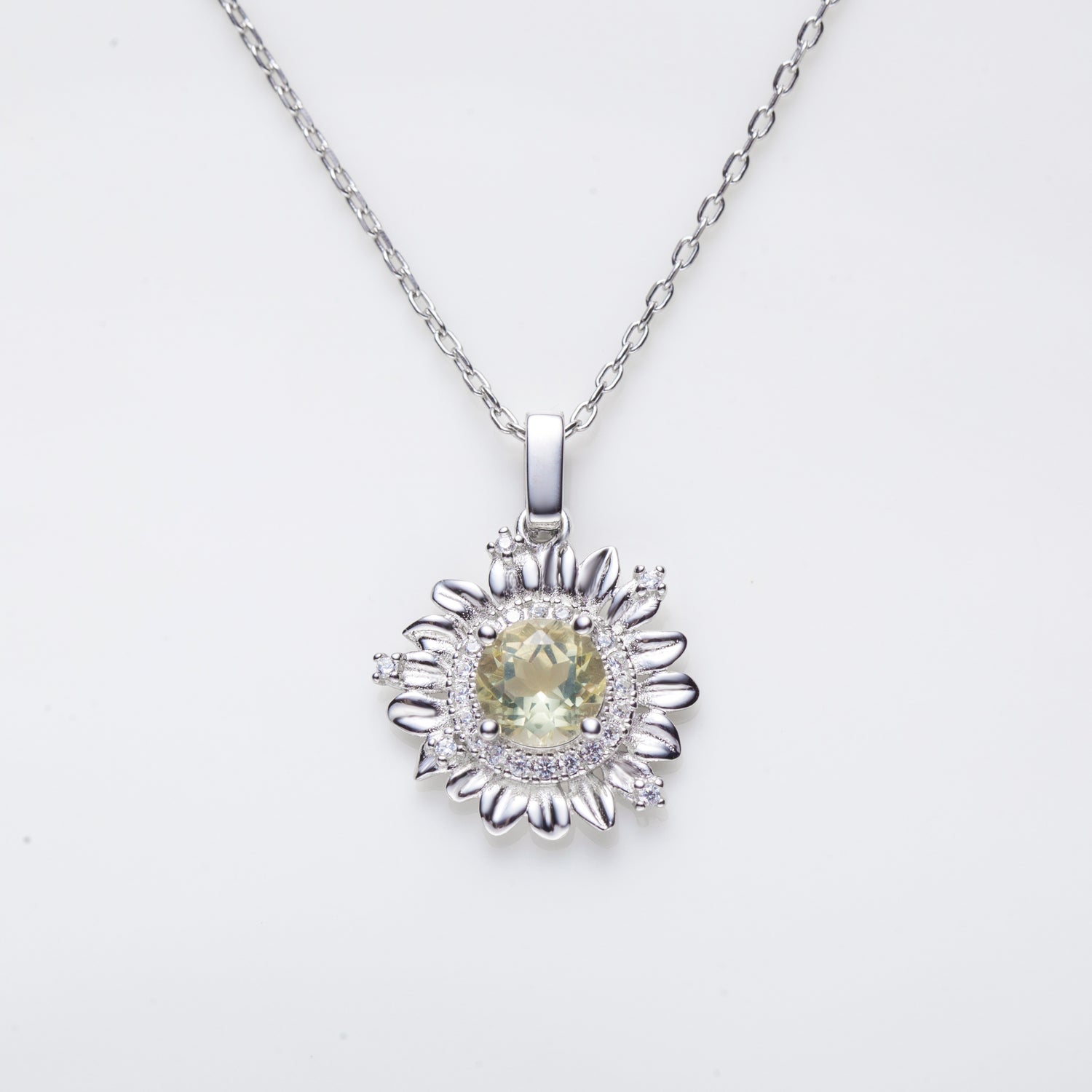 Lemon Quartz Sunflower Pendant Necklace in Sterling Silver