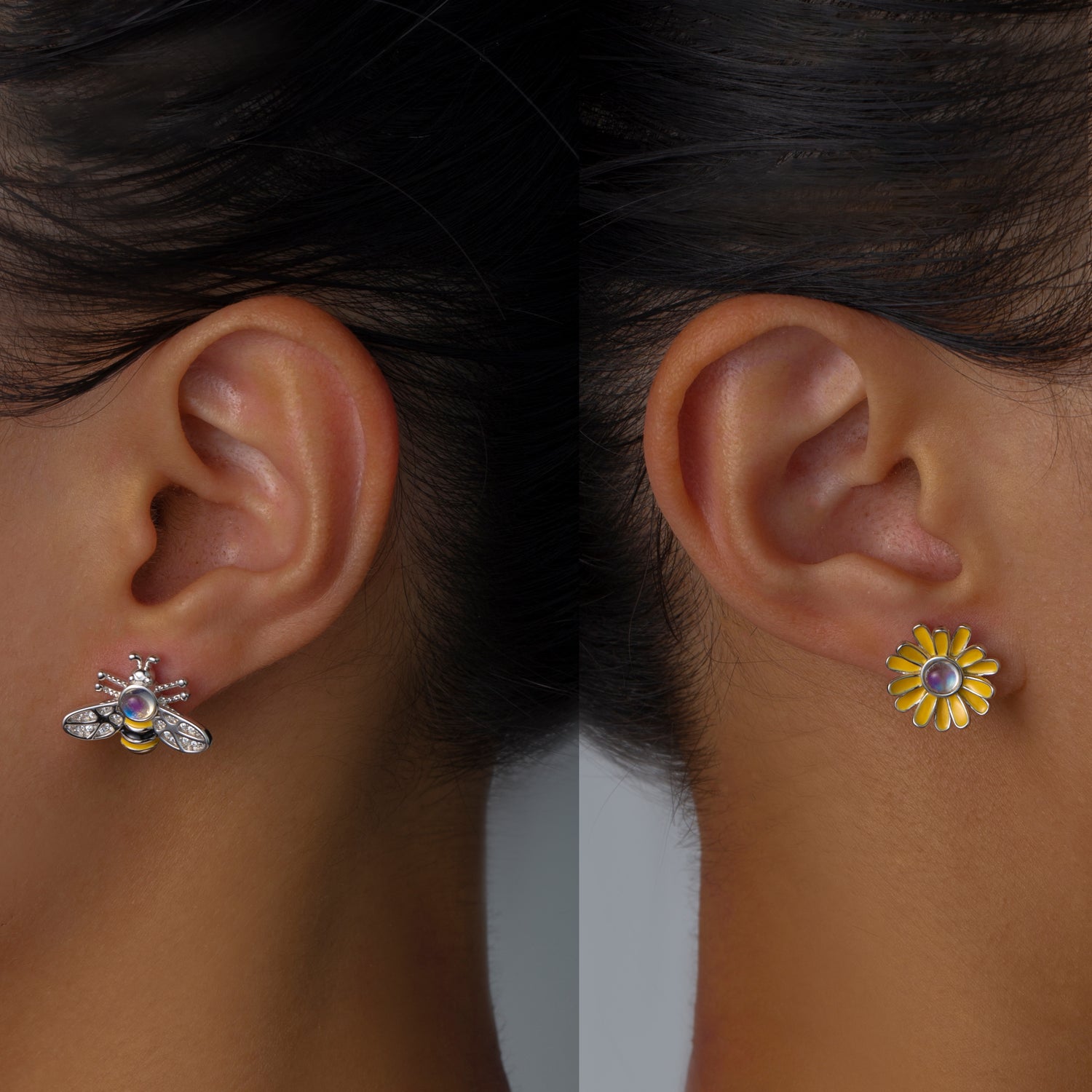 Natural Moonstone Bee And Flower Silver Stud Earrings