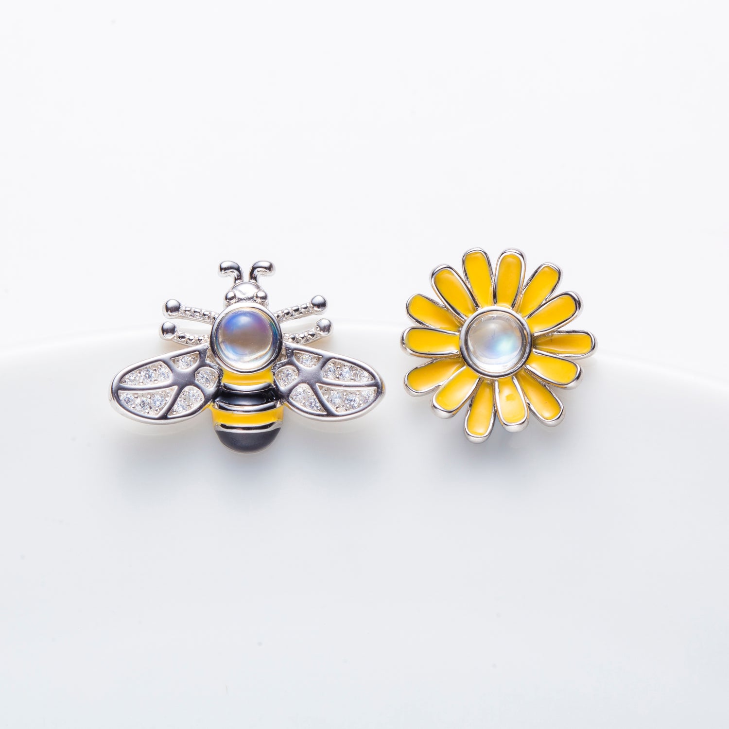 Natural Moonstone Bee And Flower Silver Stud Earrings