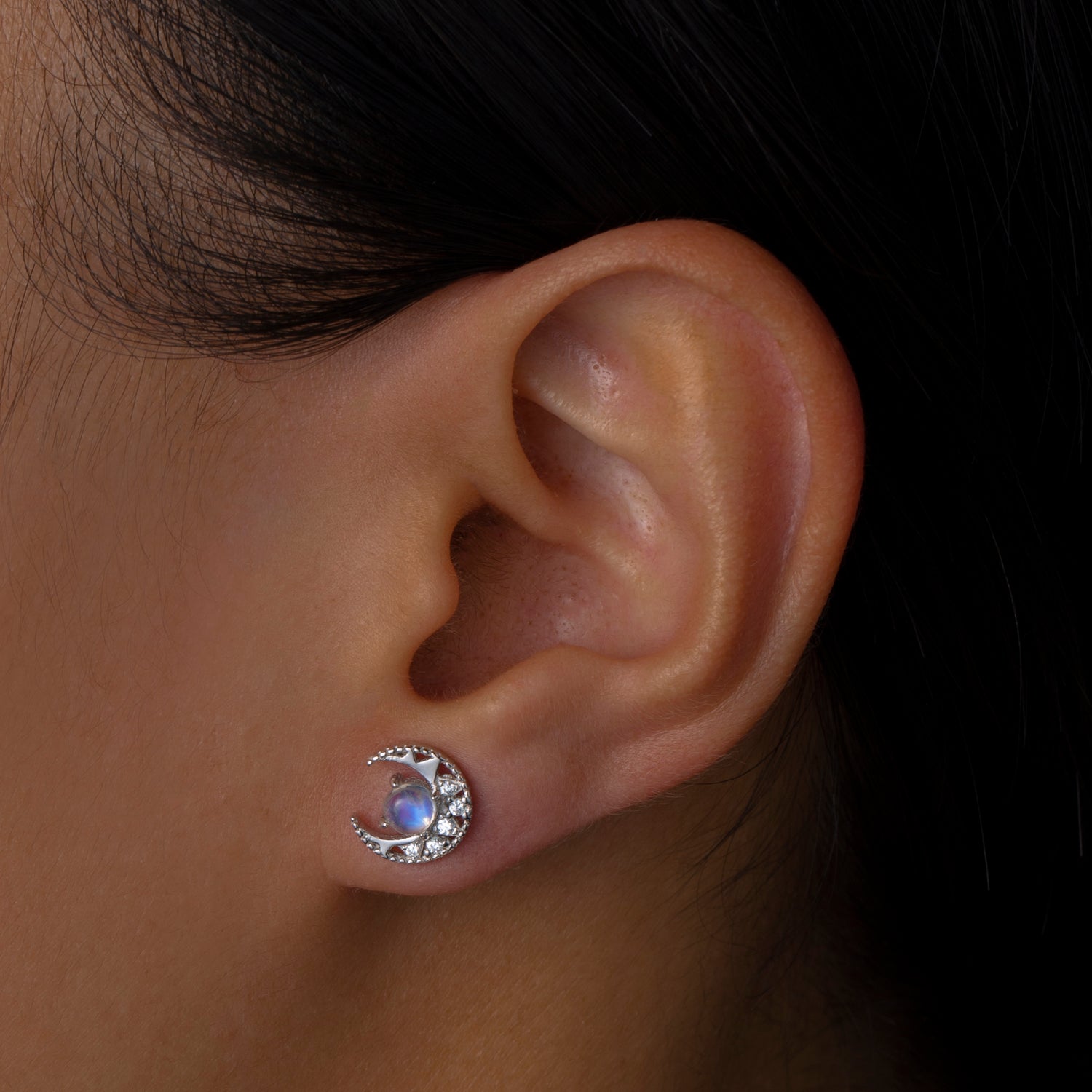 Natural Moonstone Sterling Silver Moon Stud Earrings