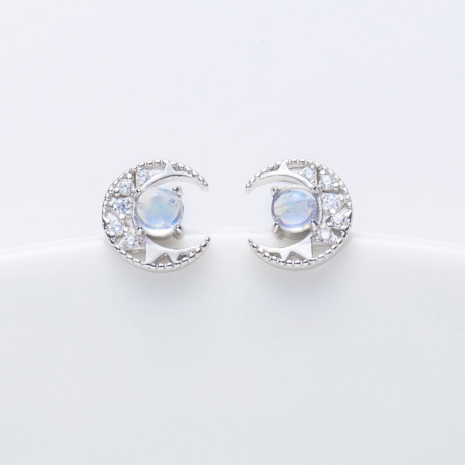 Natural Moonstone Sterling Silver Moon Stud Earrings