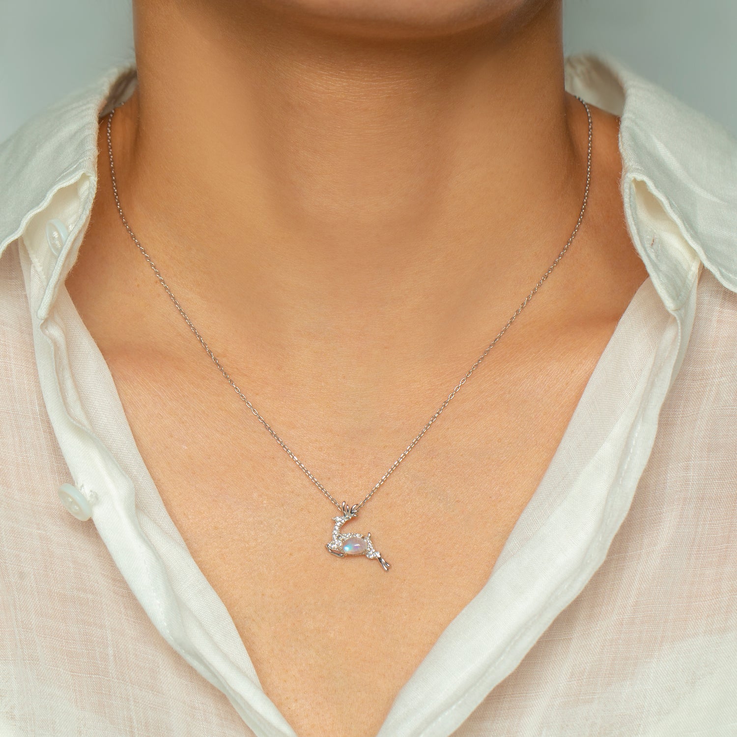 Natural Moonstone Sterling Silver Deer Necklace