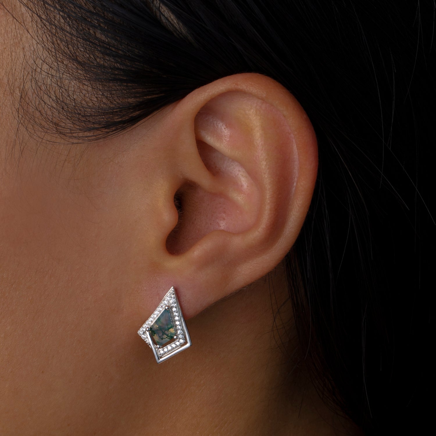 Natural Kite Shape Moss Agate Sterling Silver Stud Earrings