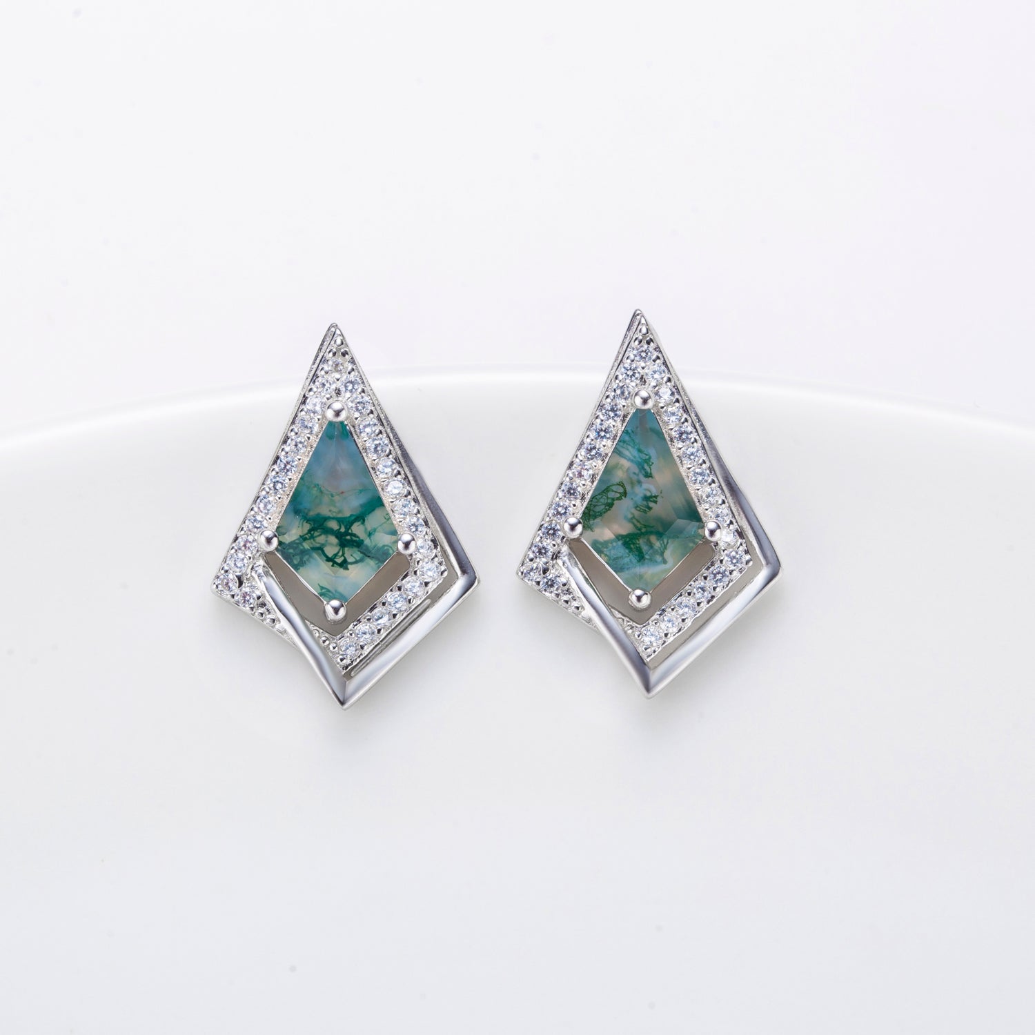 Natural Kite Shape Moss Agate Sterling Silver Stud Earrings
