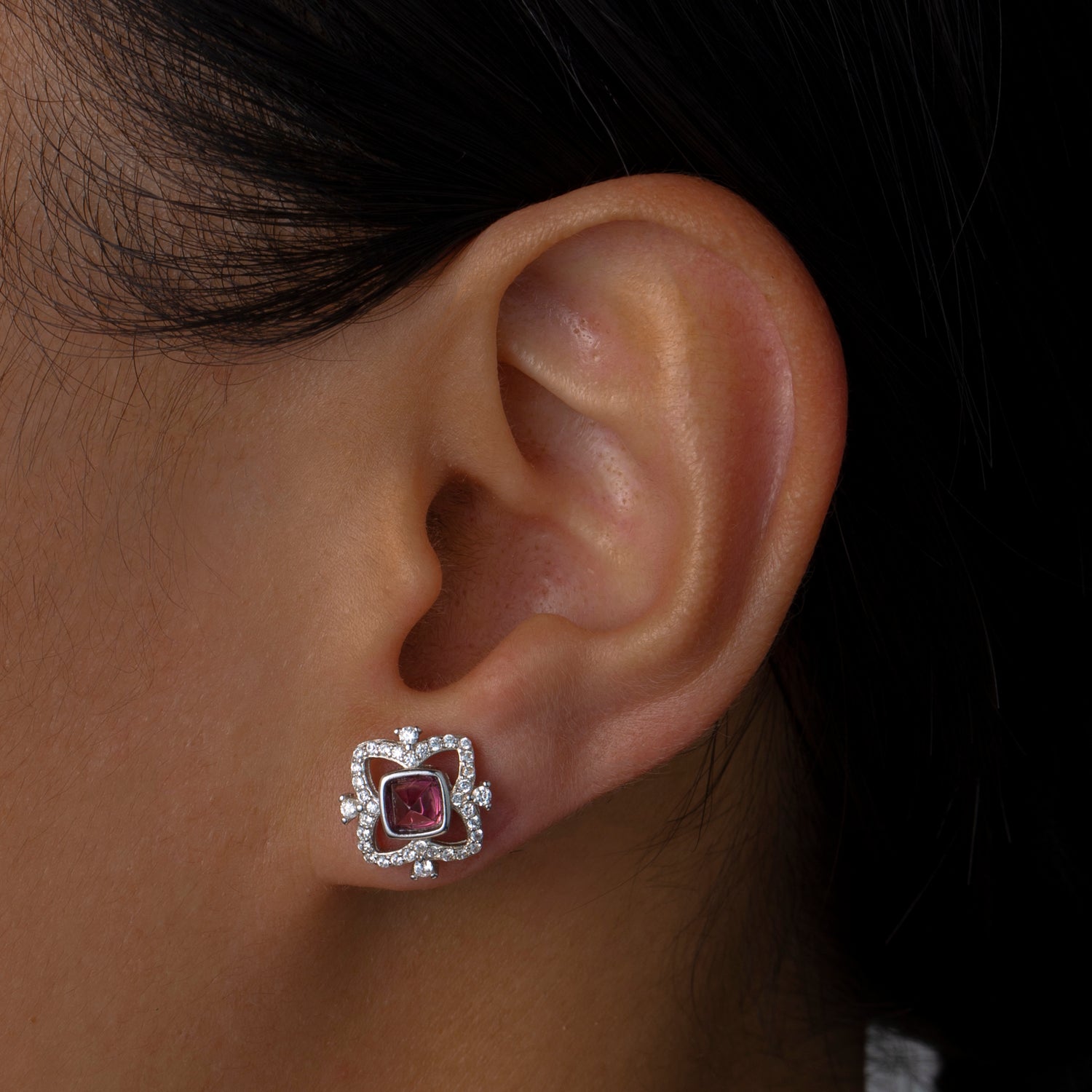 Natural Sugarloaf Rhodolite Garnet Sterling Silver Stud Earrings