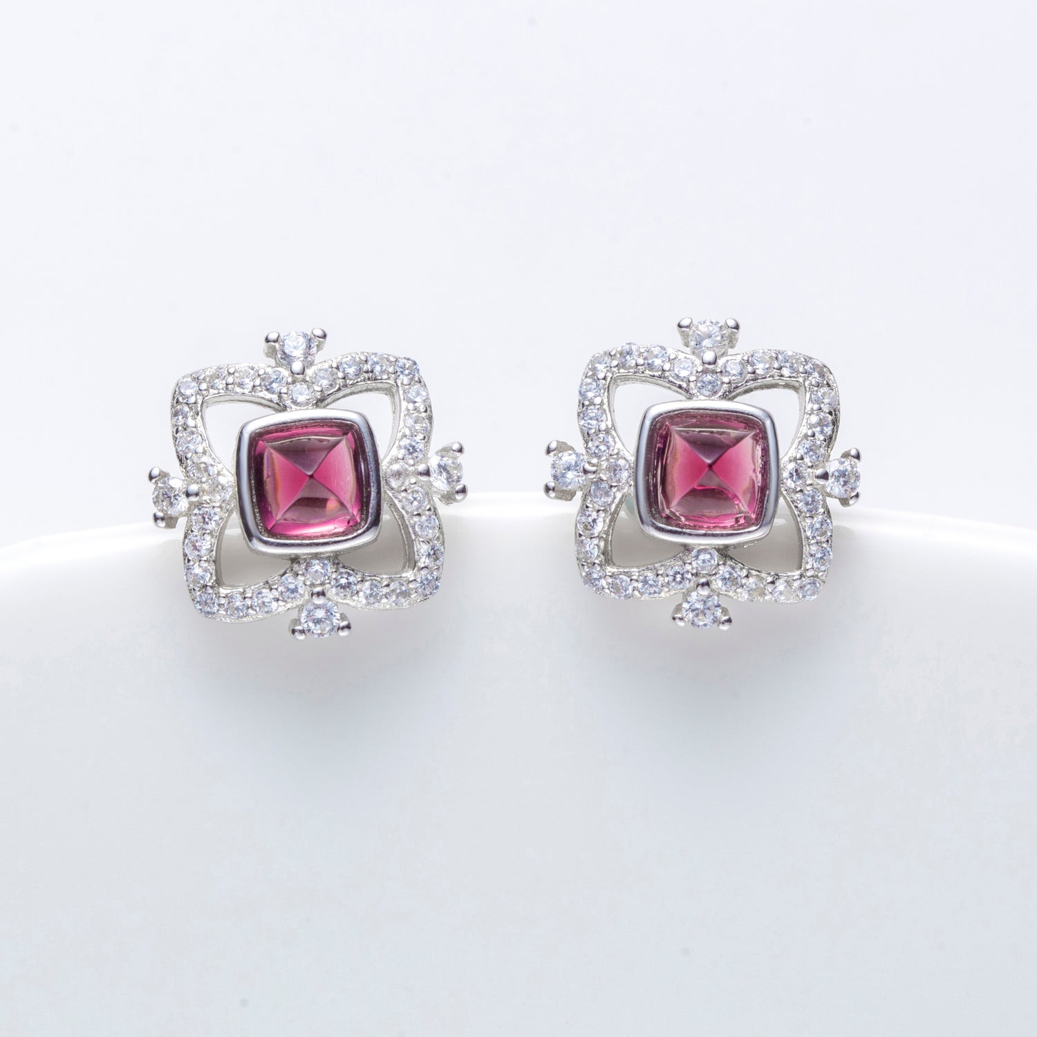 Natural Sugarloaf Rhodolite Garnet Sterling Silver Stud Earrings