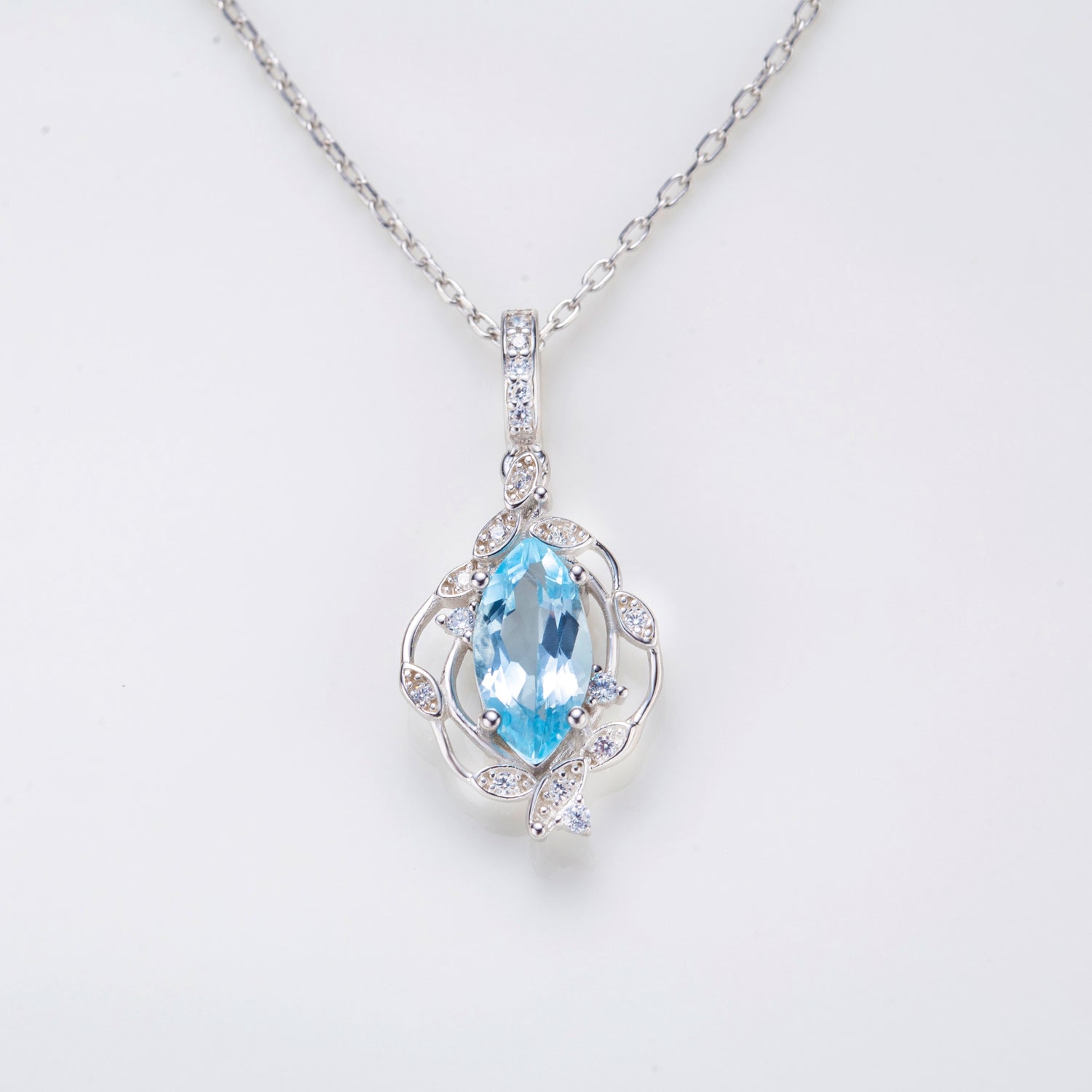 Marquise Cut Sku Blue Topaz Floral Pendant Silver Necklace