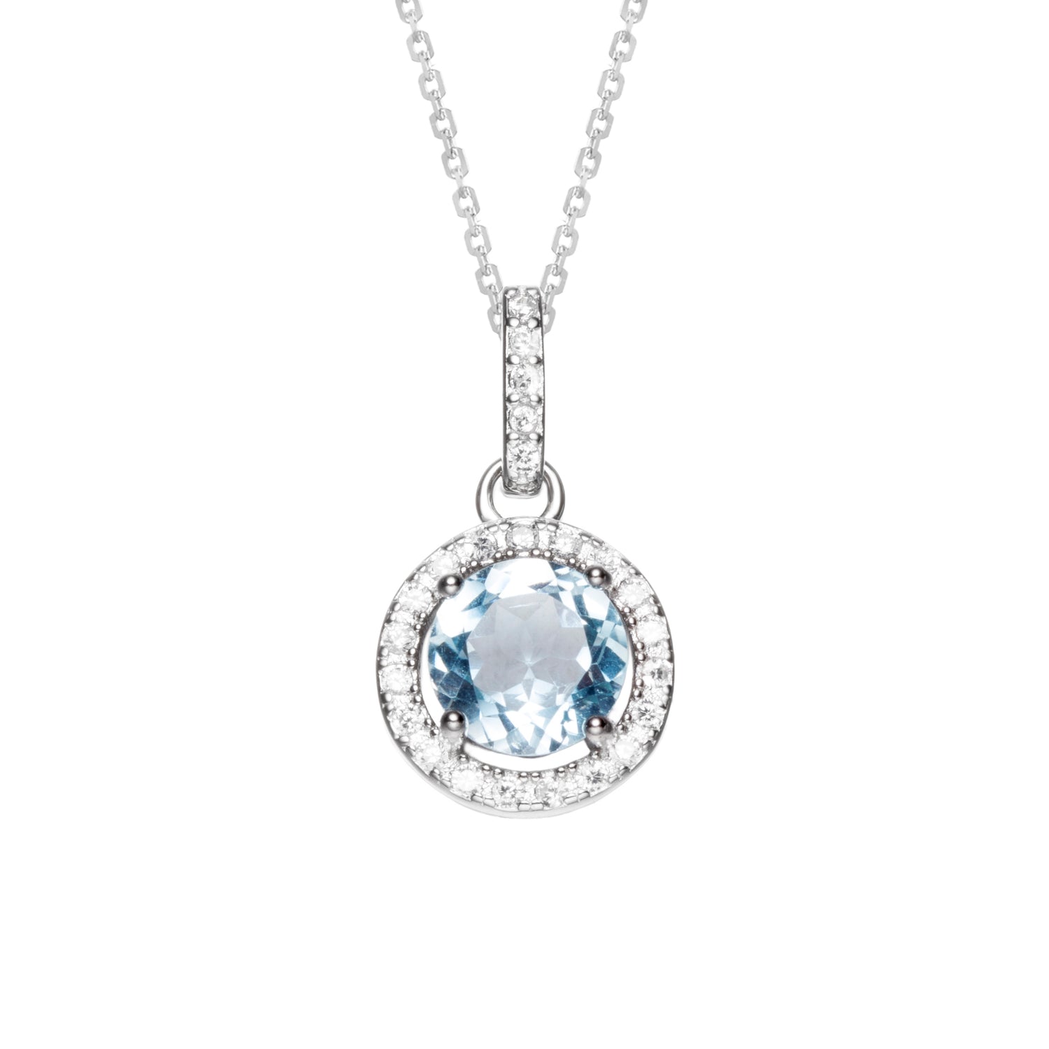 Round Halo Sky Blue Topaz Sterling Silver Pendant Necklace
