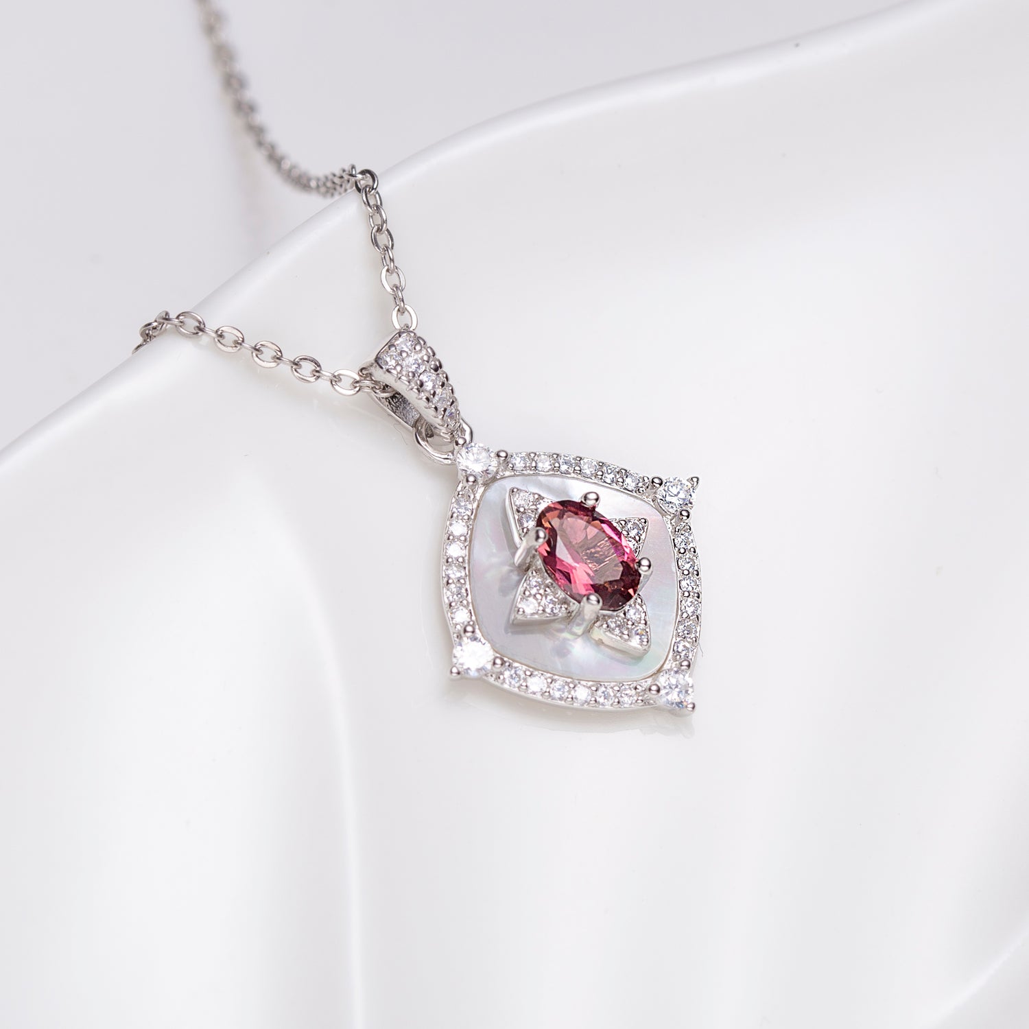 18 Inch Sterling Silver Spinel Shell Pendant Necklace
