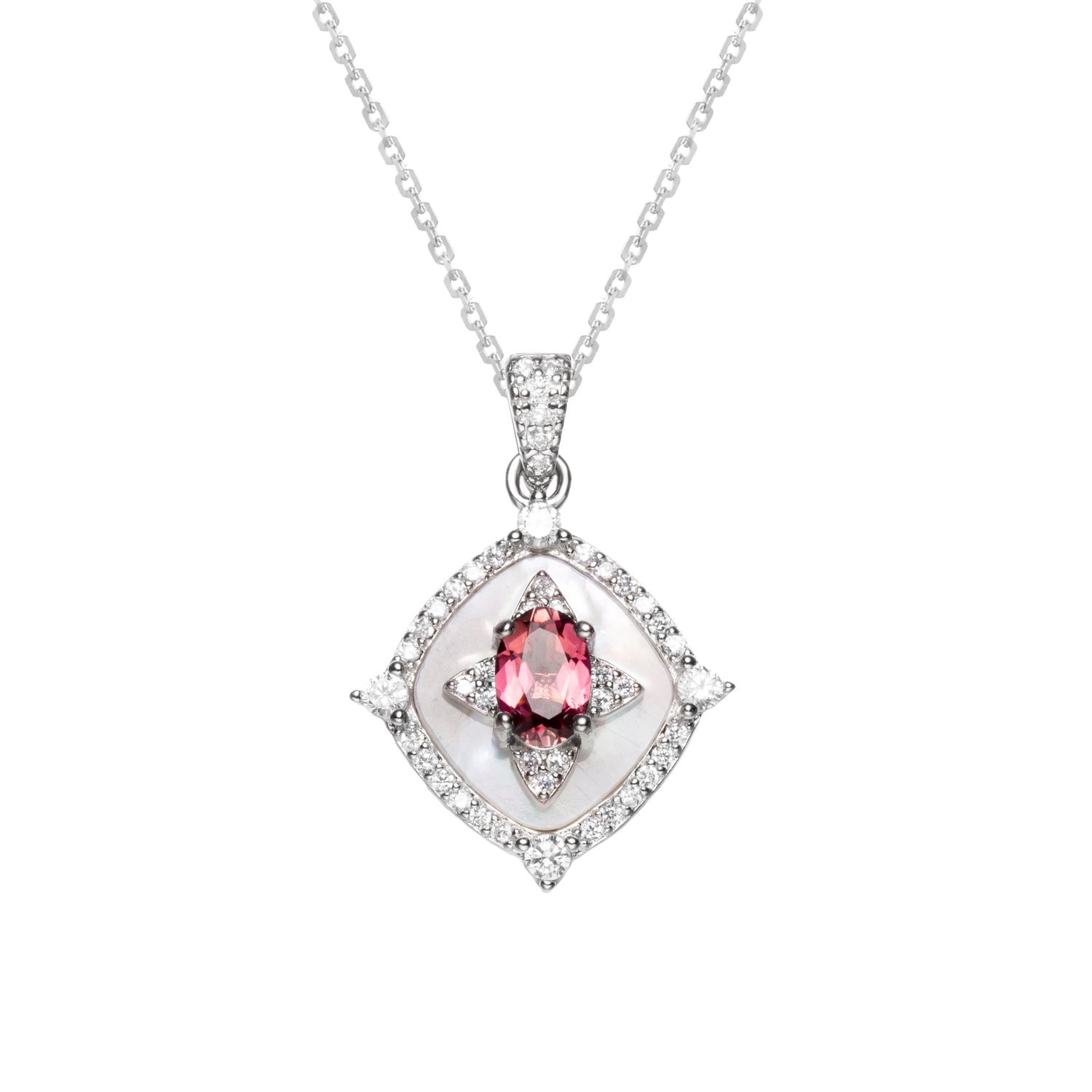 18 Inch Sterling Silver Spinel Shell Pendant Necklace