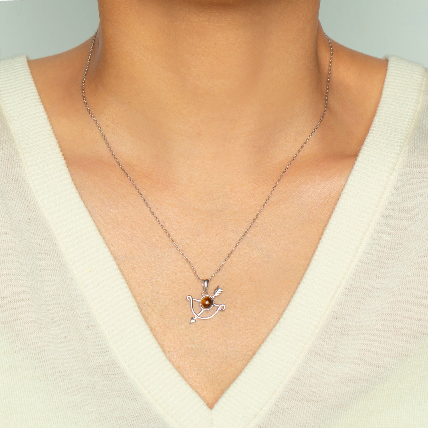 Tiger's Eye Bow and Arrow Pendant Necklace in Sterling Silver
