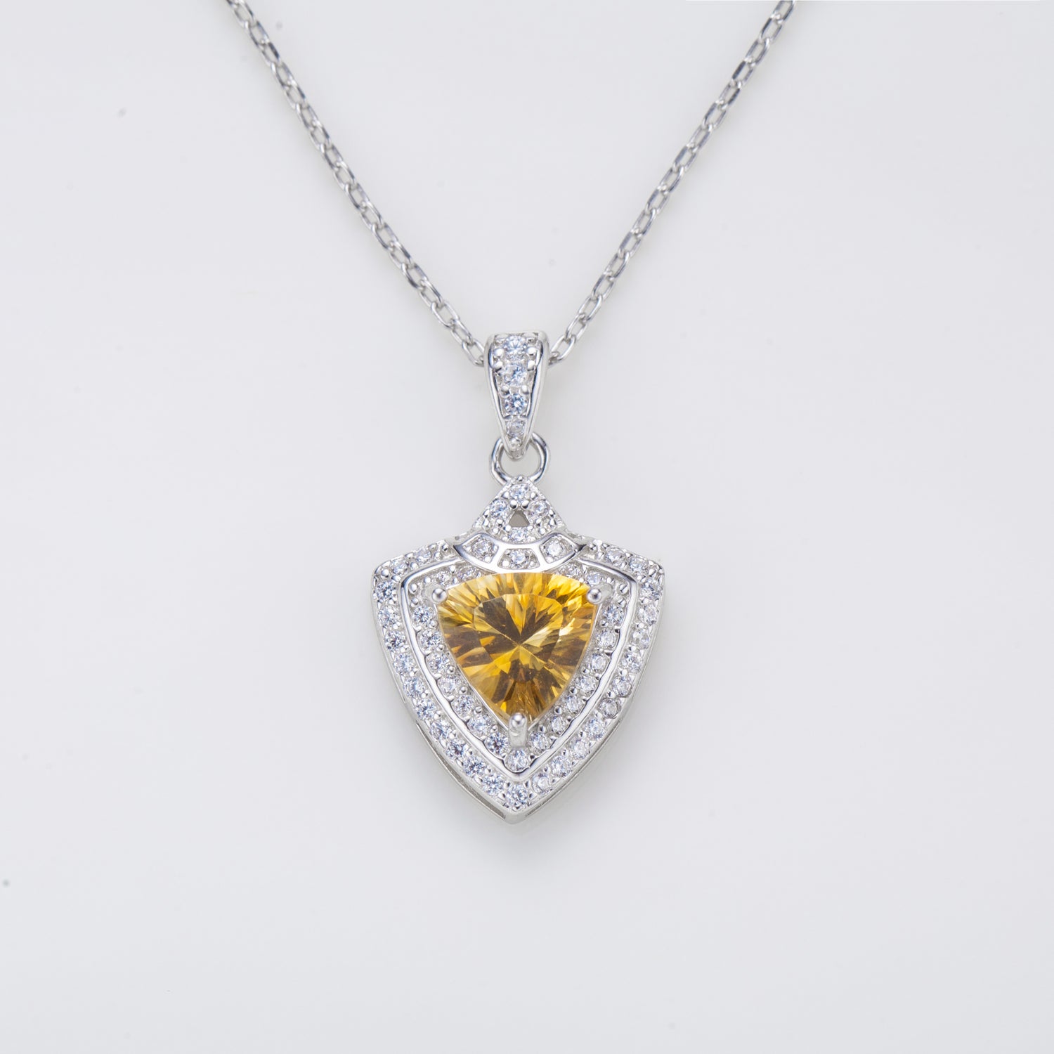 Trilliant Cut Citrine Halo Sterling Silver Pendant Necklace