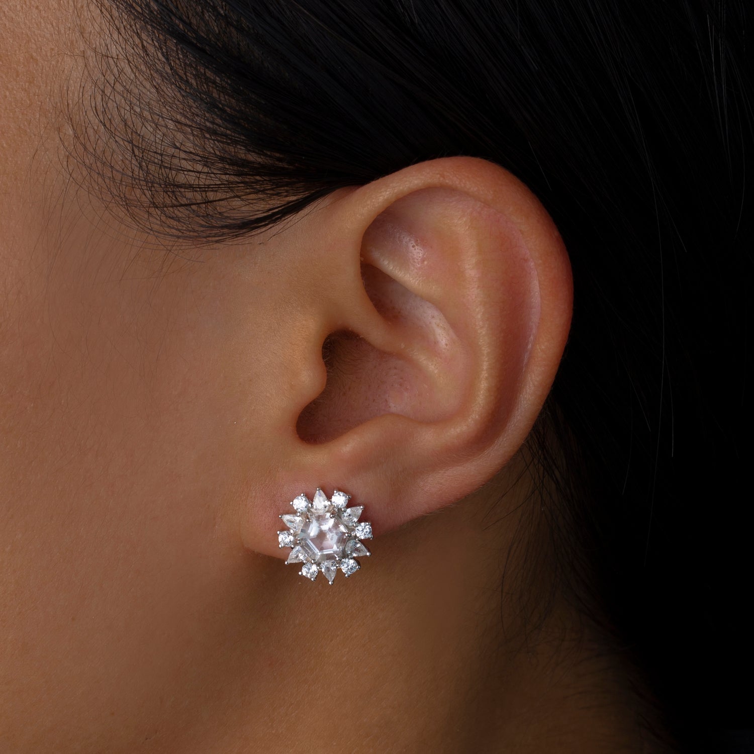Natural White Quartz Hexagon Shape Sterling Silver Stud Earrings