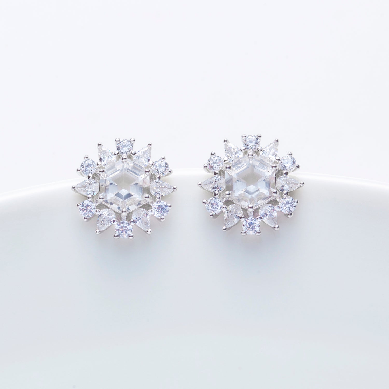 Natural White Quartz Hexagon Shape Sterling Silver Stud Earrings