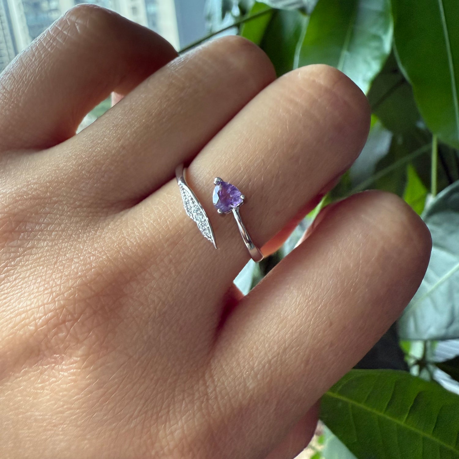 Sterling Silver Natural Heart Shape Amethyst Ring