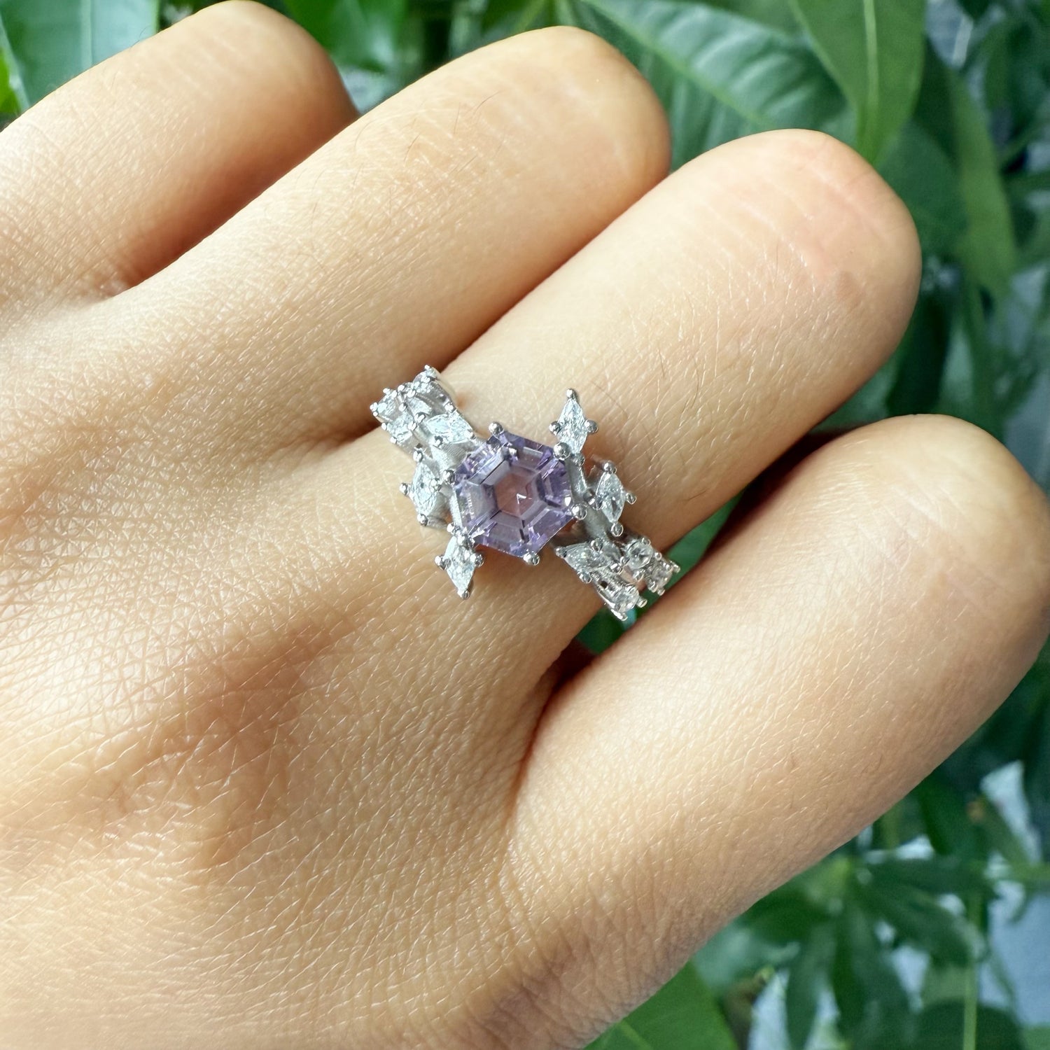Natural Hexagon Amethyst Sterling Silver Ring