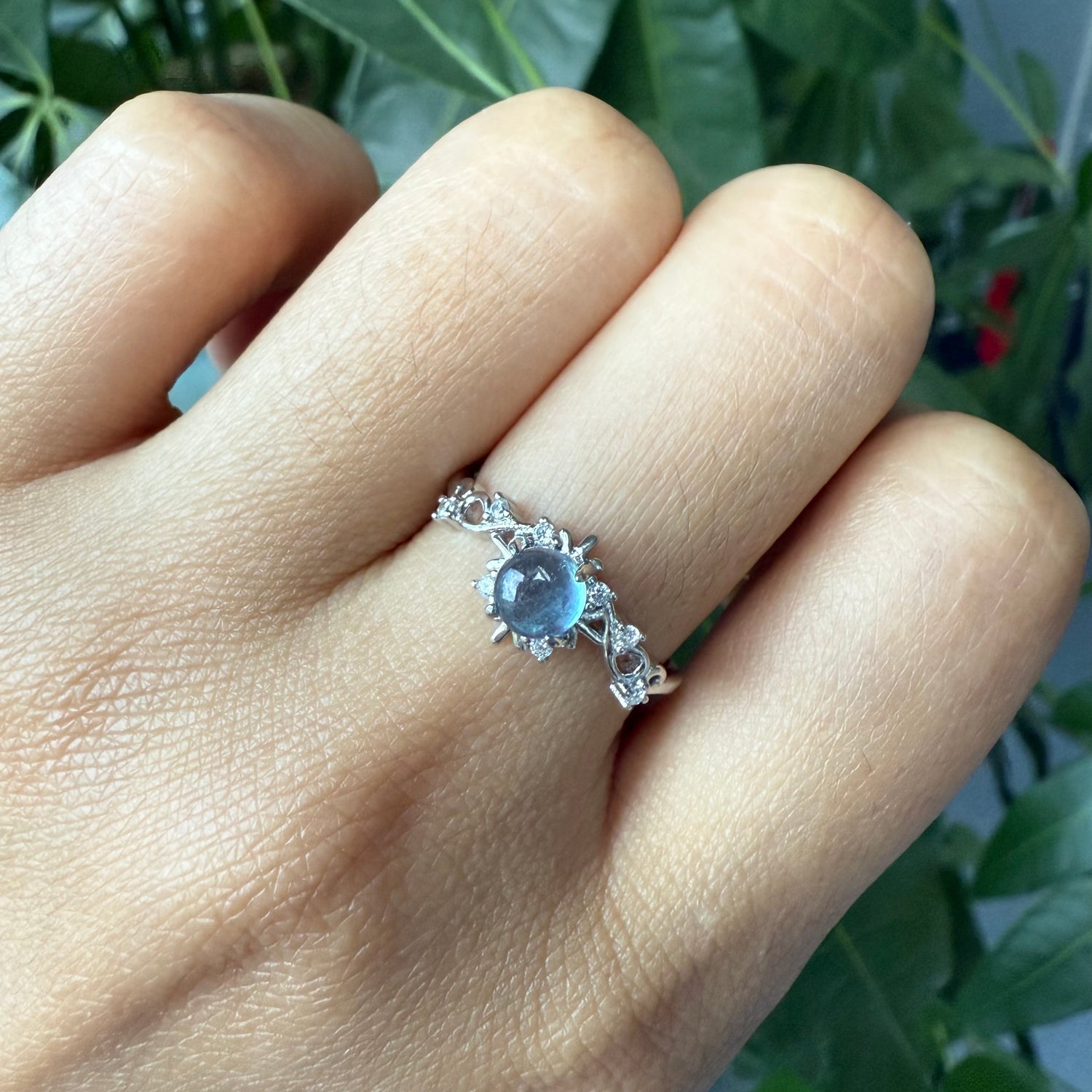 Natural Cabochon Round Aquamarine Sterling Silver Ring