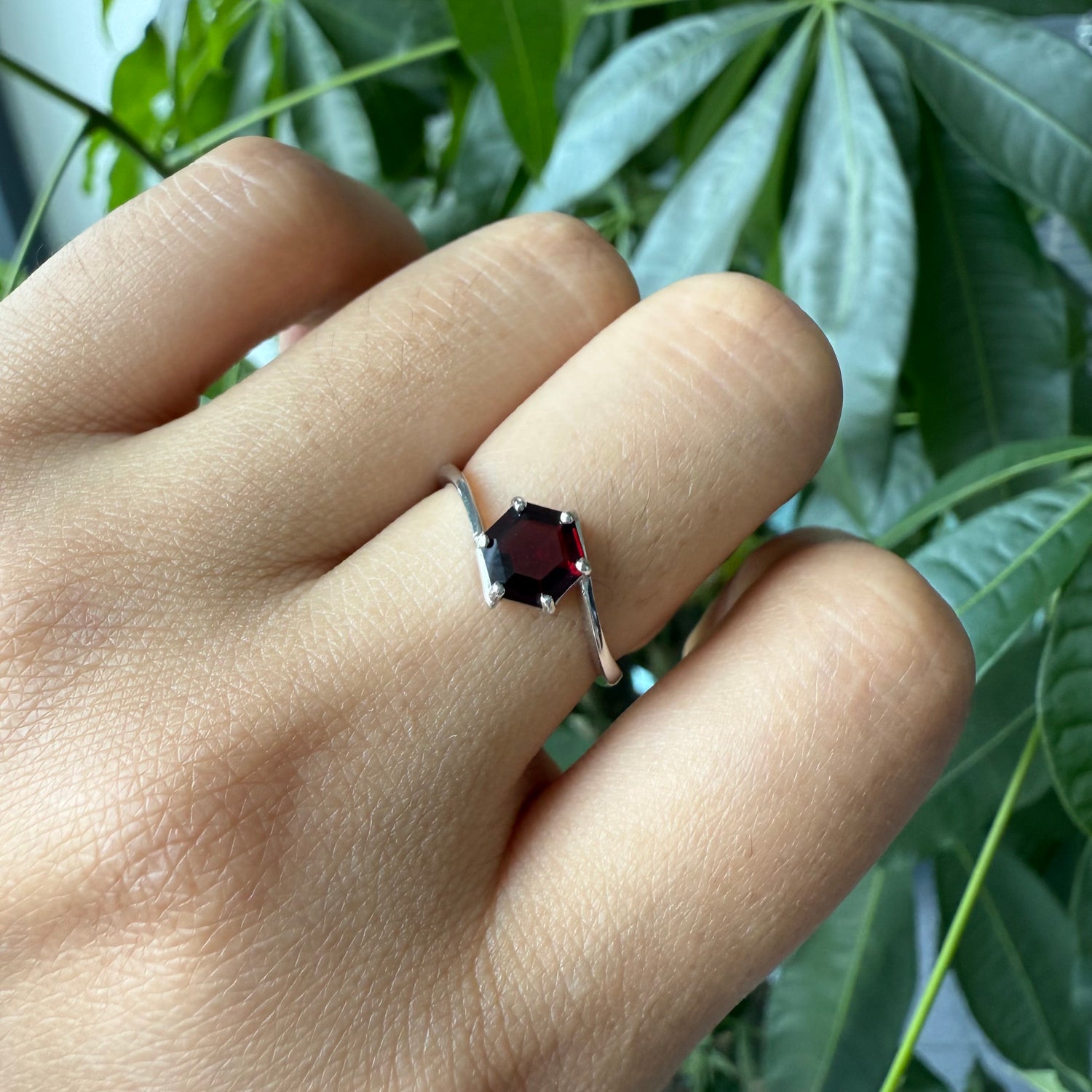 Natural Hexagon Shape Garnet Sterling Silver Ring